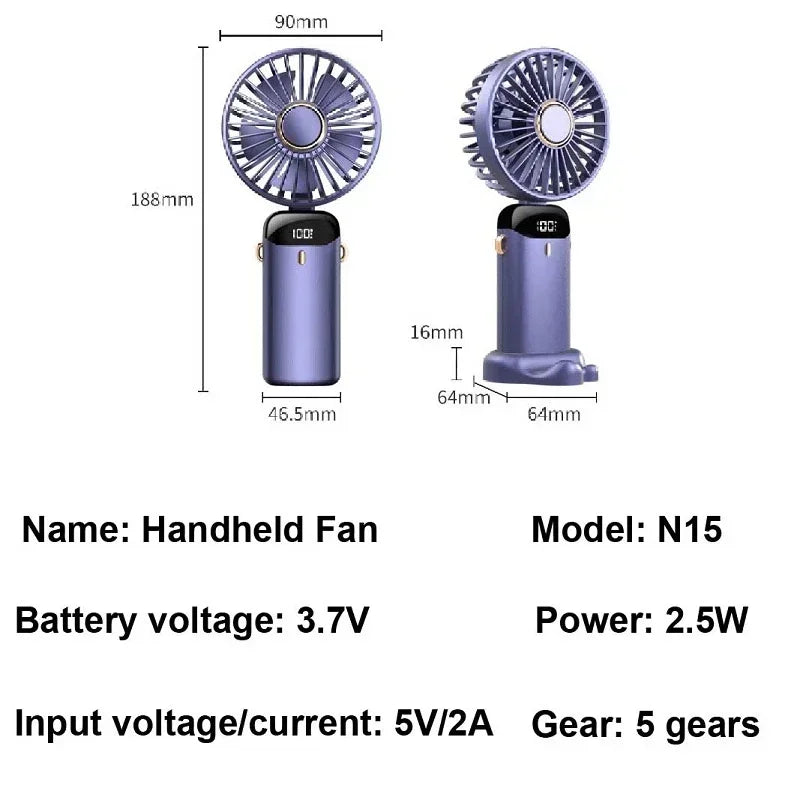 Ventilador Portátil Dobrável com 5 Velocidades, Tela LED e Suporte de Celular – Recarregável por USB