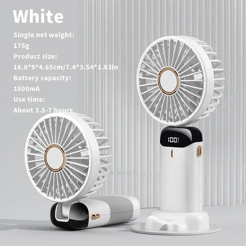 Ventilador Portátil Dobrável com 5 Velocidades, Tela LED e Suporte de Celular – Recarregável por USB