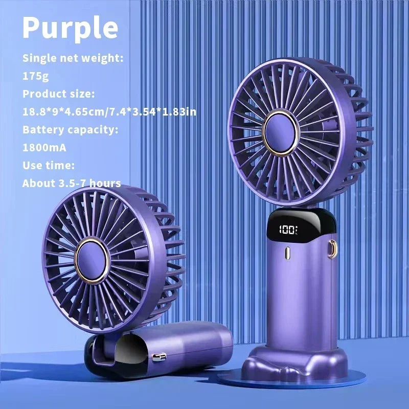 Ventilador Portátil Dobrável com 5 Velocidades, Tela LED e Suporte de Celular – Recarregável por USB