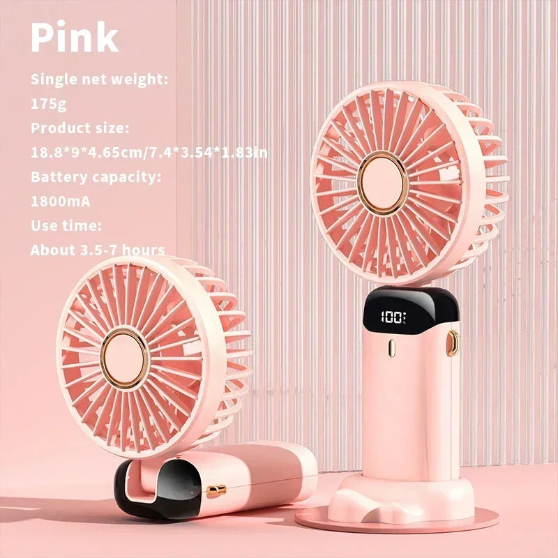 Ventilador Portátil Dobrável com 5 Velocidades, Tela LED e Suporte de Celular – Recarregável por USB