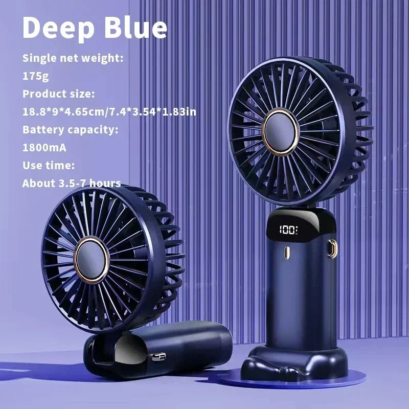 Ventilador Portátil Dobrável com 5 Velocidades, Tela LED e Suporte de Celular – Recarregável por USB
