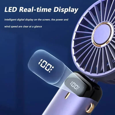 Ventilador Portátil Dobrável com 5 Velocidades, Tela LED e Suporte de Celular – Recarregável por USB