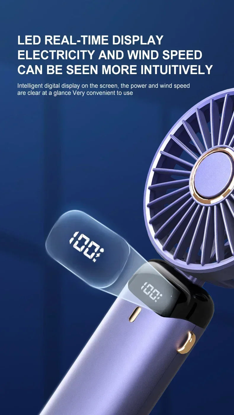 Ventilador Portátil Dobrável com 5 Velocidades, Tela LED e Suporte de Celular – Recarregável por USB