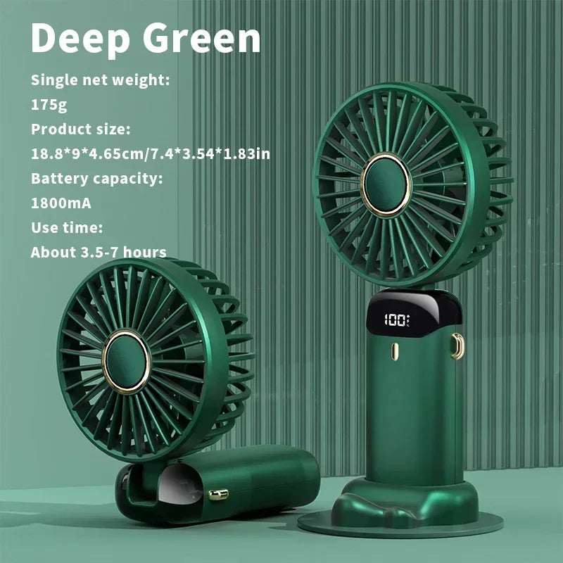 Ventilador Portátil Dobrável com 5 Velocidades, Tela LED e Suporte de Celular – Recarregável por USB