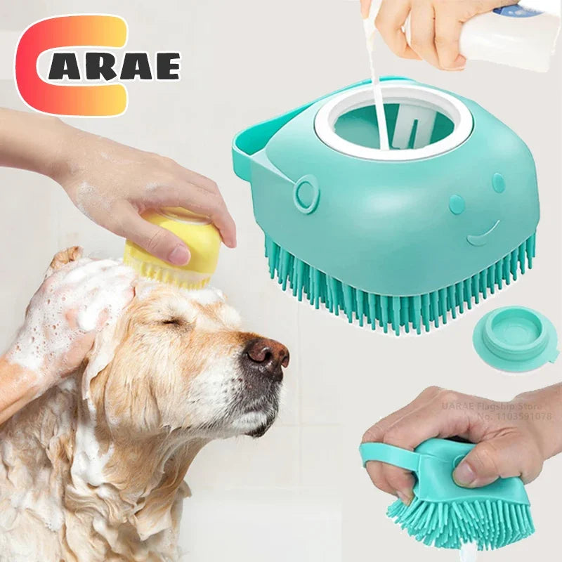 Escova de Banho com Dispensador de Shampoo – Cerdas de Silicone para Cães e Gatos