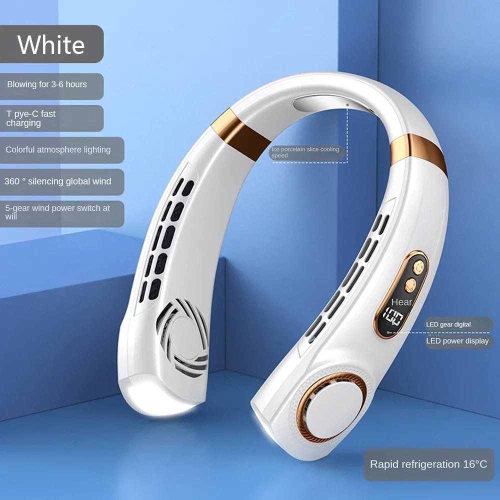 Ventilador Portátil de Pescoço 2025 – Refrigeração Rápida com Display Digital e Luz LED